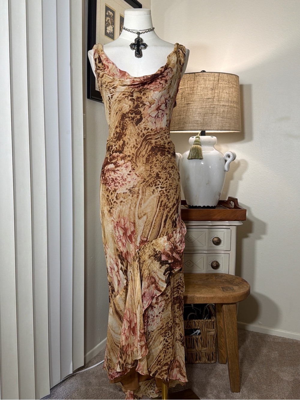 Ice Brown Floral Cowl Neck Bias Cut Maxi Dress